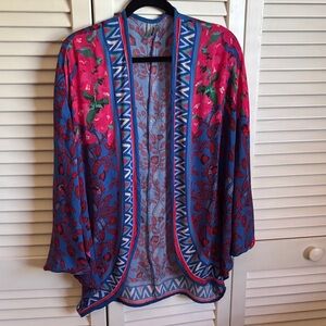 Vibrant Blue & Pink Floral Open-Front Kimono